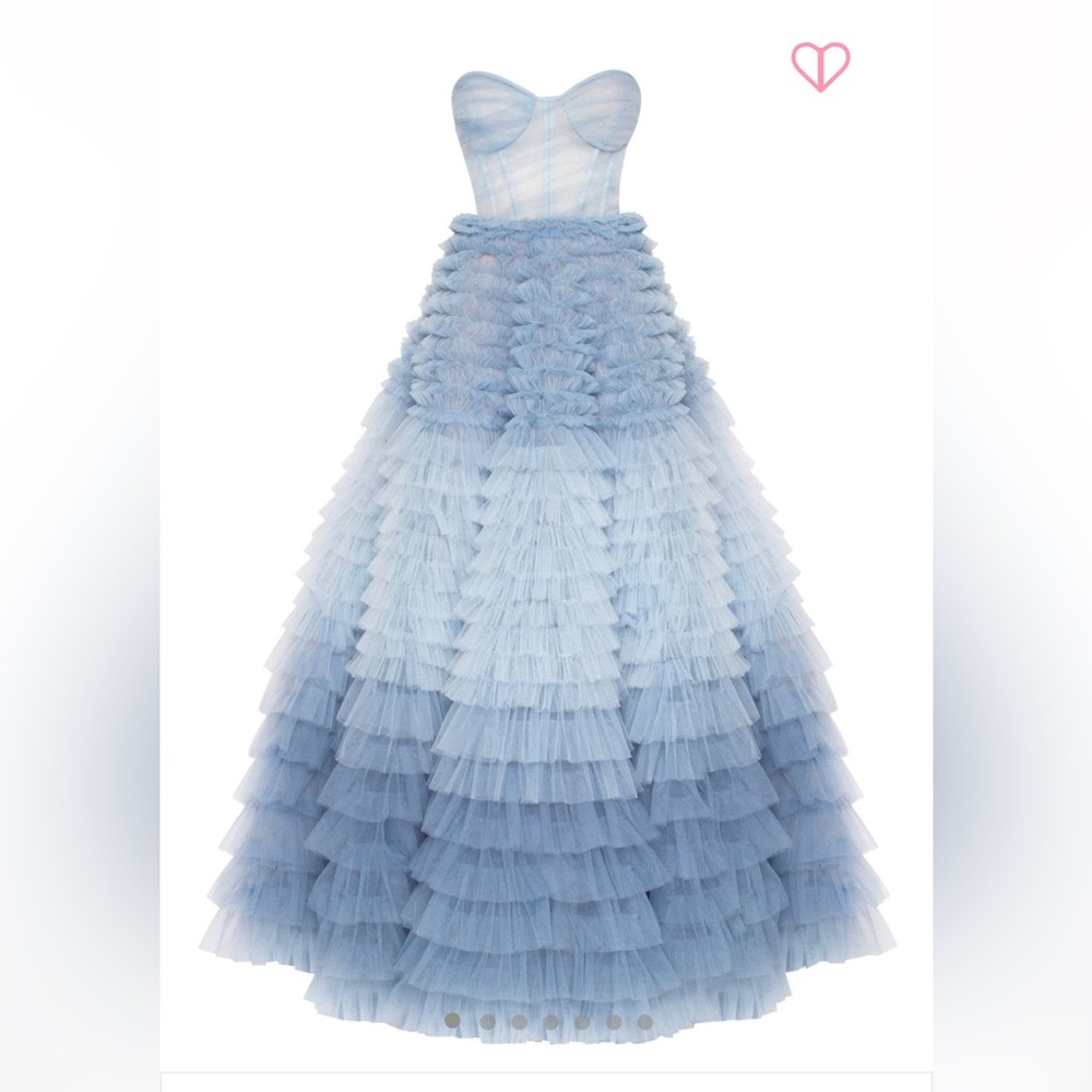 Milla Strapless frill-layered evening tulle sky blue dress